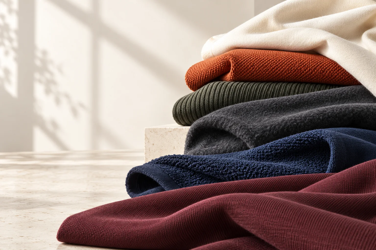 Koleksi kain Almegatex dengan tekstur single jersey, pique, rib, fleece, dan baby terry yang berbeda