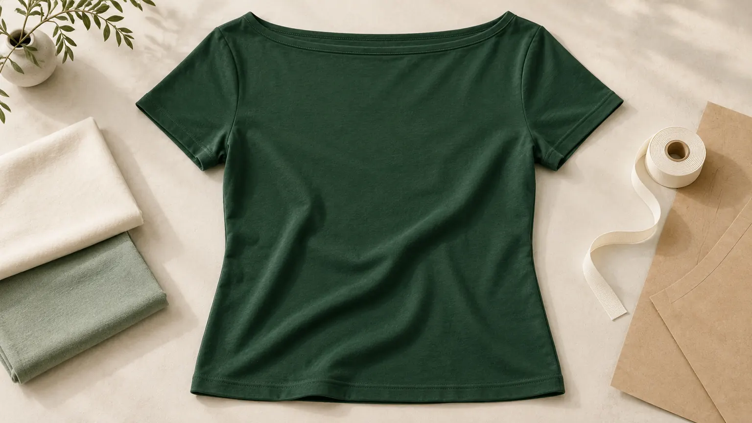 Ilustrasi kaos boat neck hijau dengan bukaan leher lebar, swatch kain krem dan sage, serta pita penstabil di meja tekstil