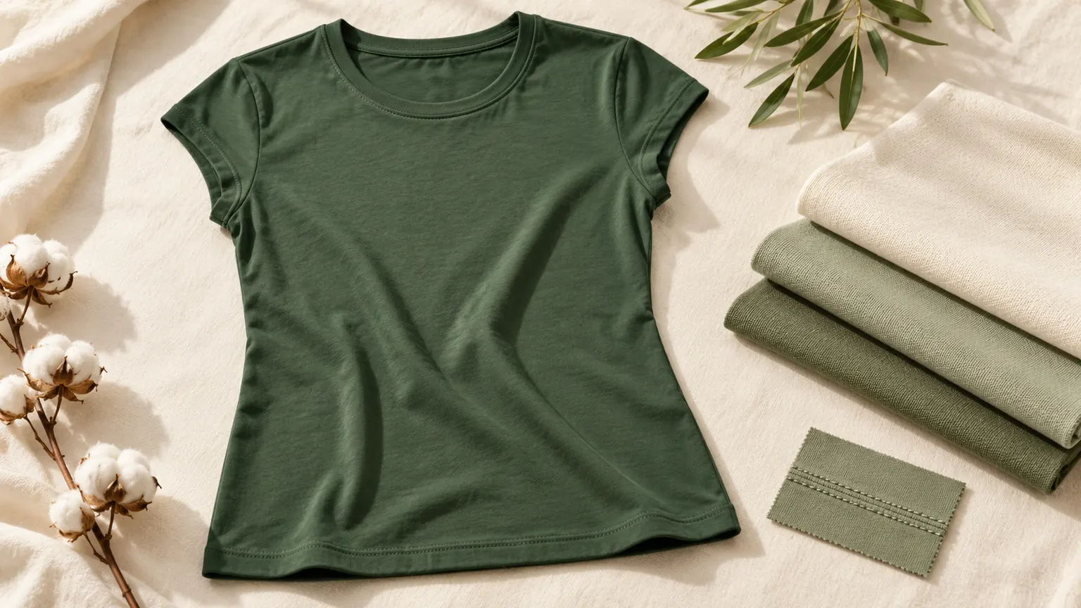 Ilustrasi kaos cap sleeve hijau dengan lengan sangat pendek dan kelim rapi, bersama swatch kain krem dan sage di meja tekstil