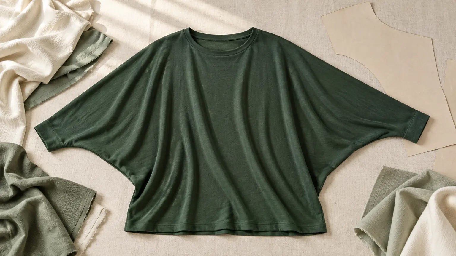 Ilustrasi kaos dolman hijau dengan lengan menyatu dan lipatan kain lembut, ditemani swatch krem serta sage di meja tekstil