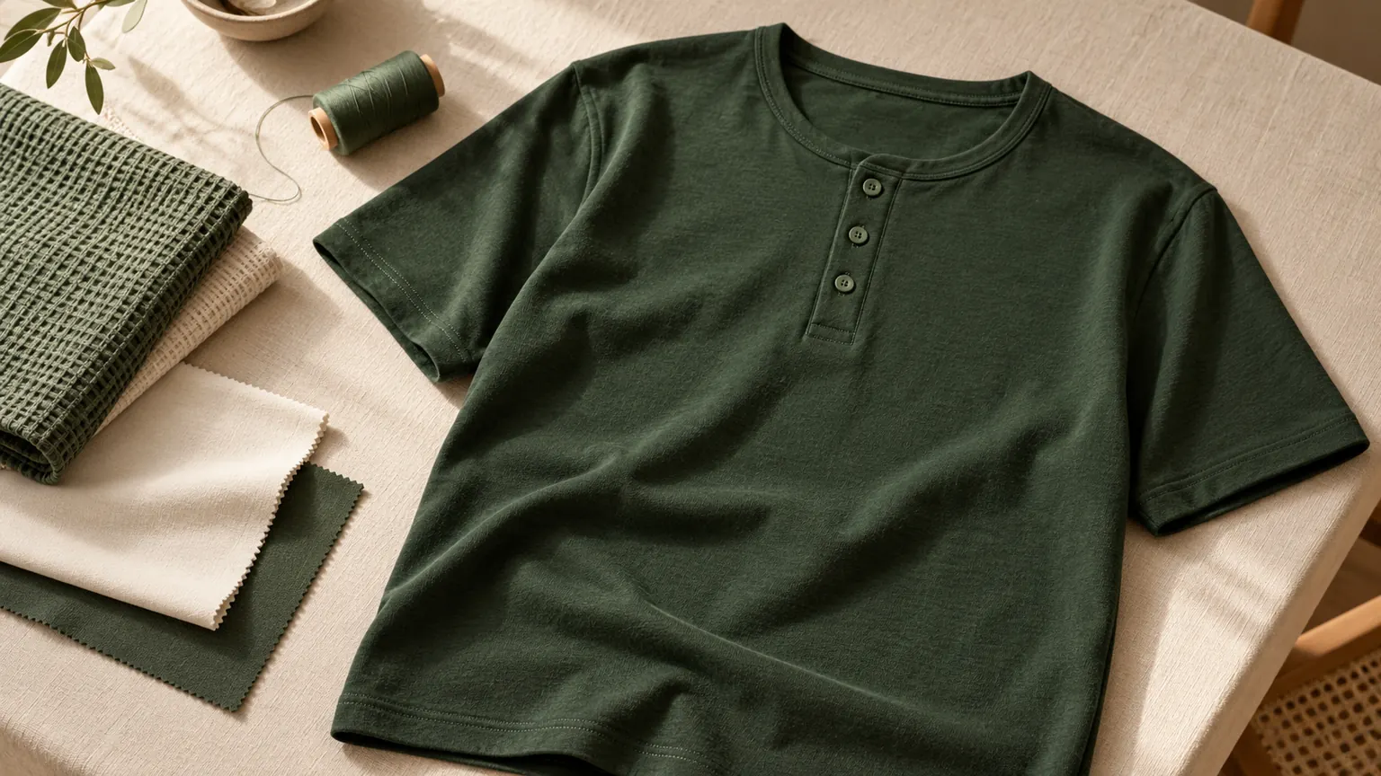 Ilustrasi kaos henley hijau tanpa kerah lipat dengan plaket tiga kancing, swatch kain, dan benang di meja studio