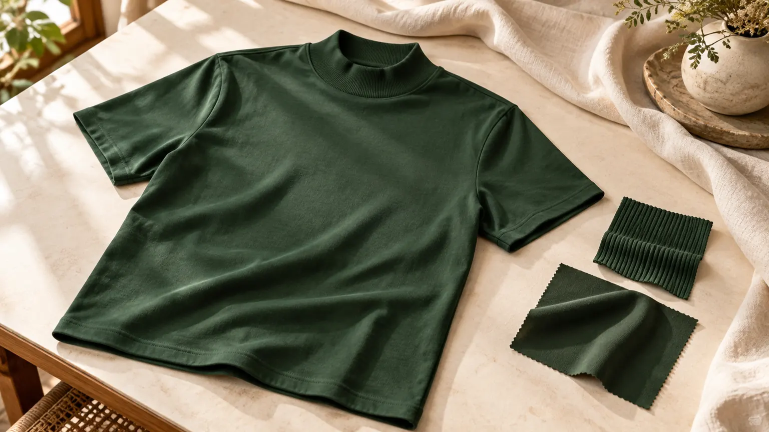Ilustrasi kaos mock neck hijau dengan kerah rib pendek dan swatch kain di meja tekstil