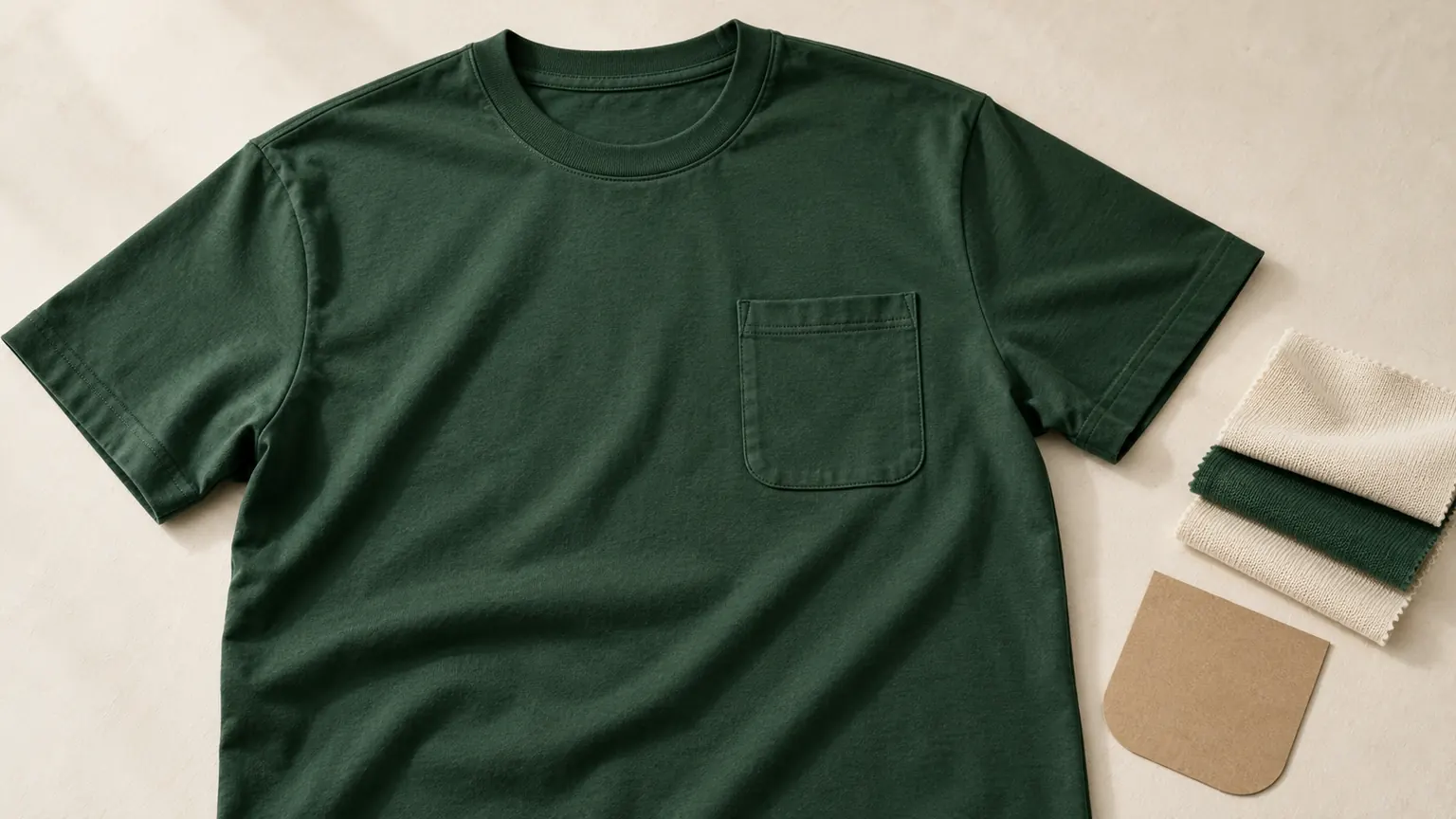 Ilustrasi kaos jersey hijau tua dengan saku dada senada, swatch kain krem dan hijau, serta pola saku di meja studio