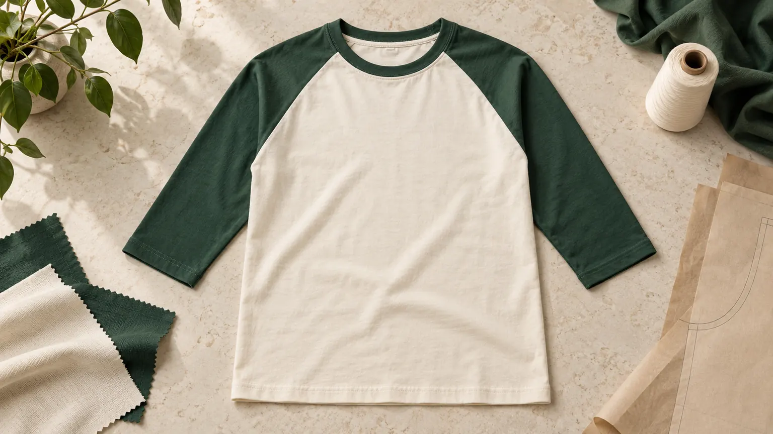 Ilustrasi kaos raglan berbadan krem dengan lengan hijau tiga perempat, jahitan diagonal dari leher, dan swatch kain di meja studio