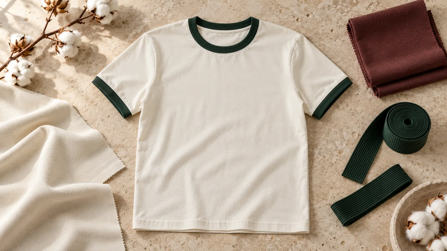 Ilustrasi kaos ringer ivory dengan rib hijau pada leher dan ujung lengan, disandingkan swatch kain