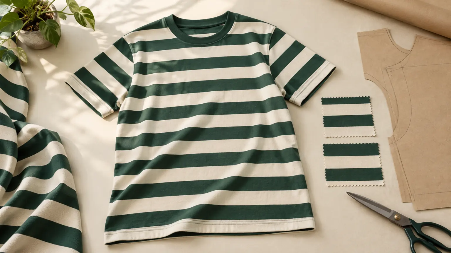 Ilustrasi kaos bergaris hijau dan krem dengan swatch kain stripe di meja kerja tekstil