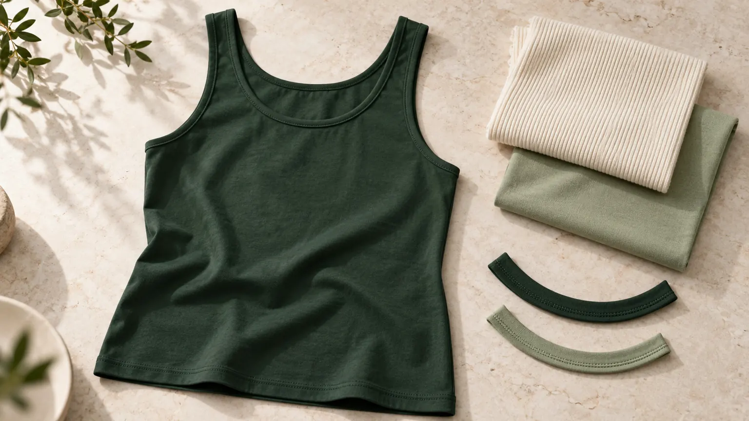 Ilustrasi tank top hijau tua dengan tepi bukaan lengan senada, swatch rib krem dan jersey sage, serta contoh binding di meja studio